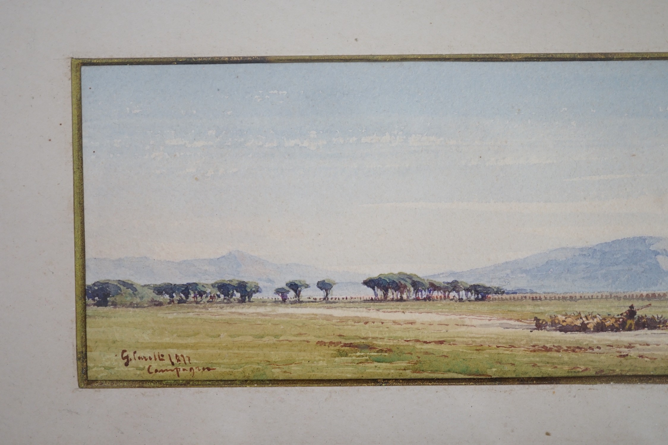 Gabrielle Carelli (Italian, 1820-1900), watercolour, ‘Campagna’, signed and dated 1872, 8 x 36cm